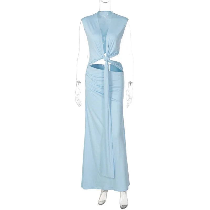 Light blue dress with cut-out design on a white background