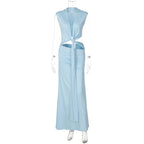 Light blue dress with cut-out design on a white background