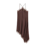 Brown slip dress with lace details on a white background