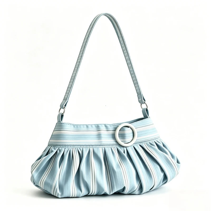 A light blue and white striped shoulder bag with a pleated ruffled body, a silver-tone circular ring detail on the front, and a matching shoulder strap, shown against a plain white background.
