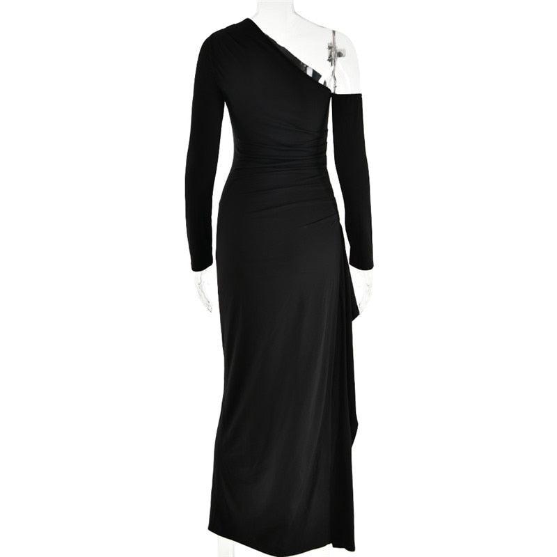Virago Wear Camelia Oblique Shoulder Maxi Dress - Black / L