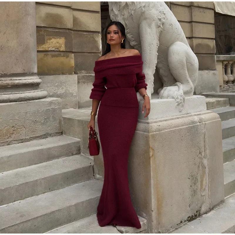 burgundy knit maxi dress Burgundy Racer Back Viscose Knit Maxi Dress self-portrait-US