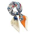 A multicolored paisley pattern headscarf with a beige base and a mix of blue and red accents.
