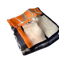 A poly silk scarf featuring a geometric pattern with equestrian motifs in orange, blue, and white.