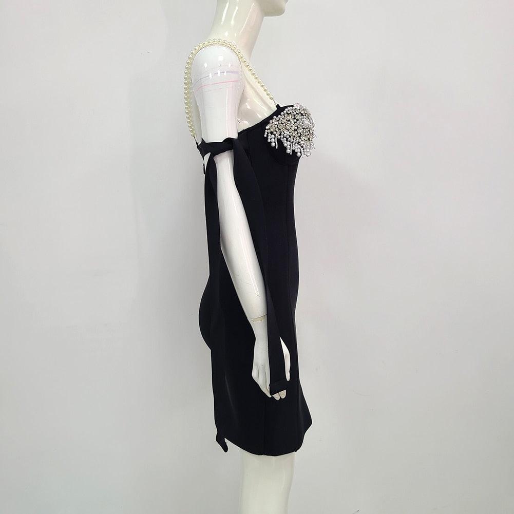 Chic Pearl Strap Backless Bandage Little Black Mini Dress - Black